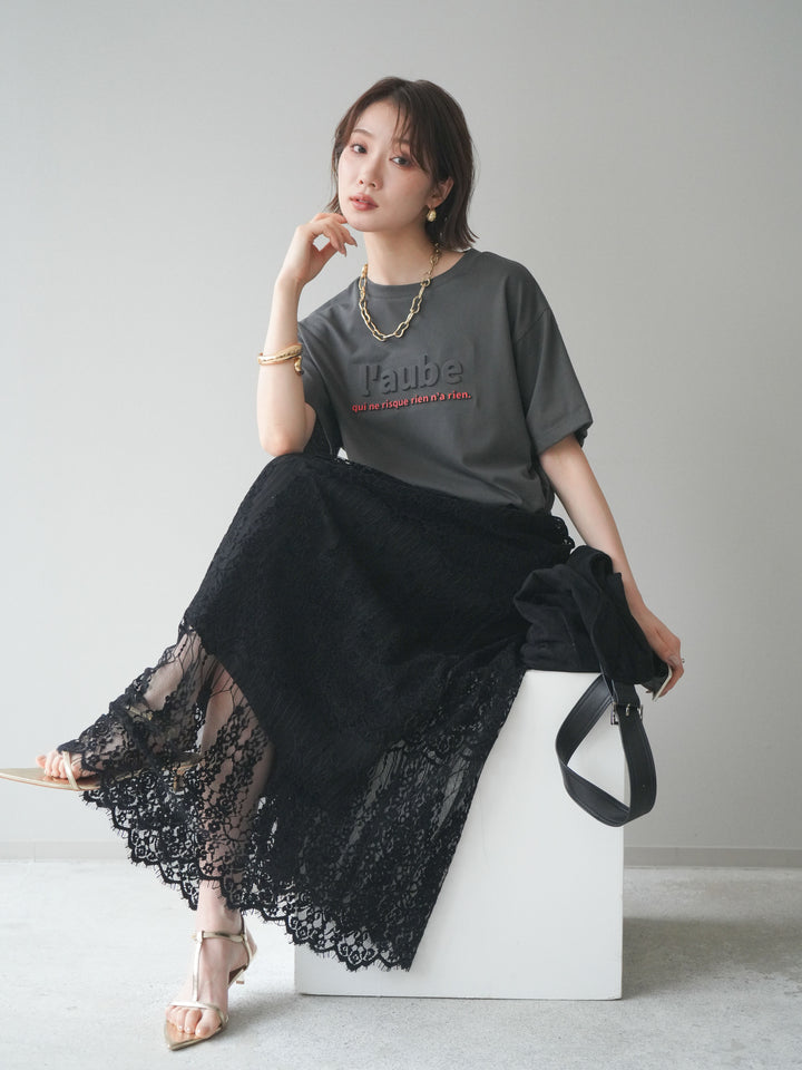 [SET]エンボスロゴTEE+裏プリーツ総レースロングスカート(2set)