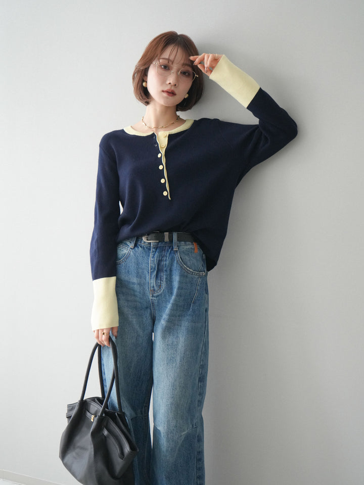 [SET]ヘンリーネック配色ニットソー+ベルト付3Dカーブワイドデニムパンツ(2set)