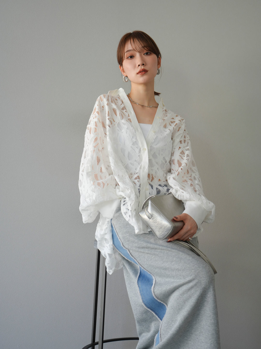 [SET]コードレースオーバーシャツ+デニムドッキングスウェットスカート(2set)