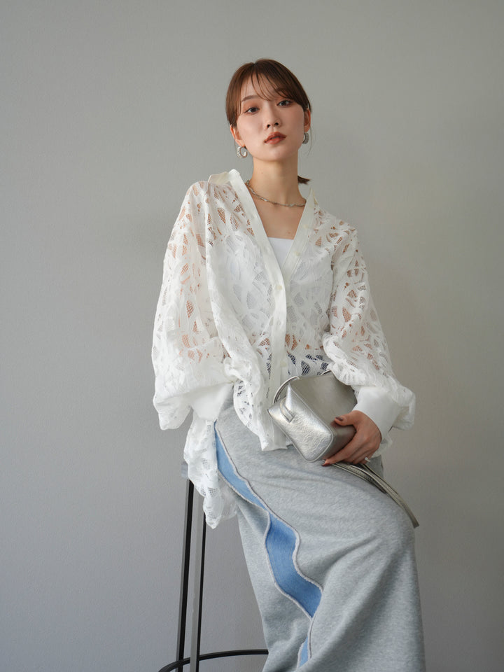 [SET]コードレースオーバーシャツ+デニムドッキングスウェットスカート(2set)