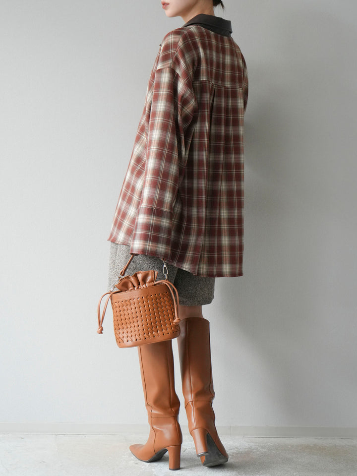 【着回しセット】[SET]レザー襟オンブレチェックオーバーシャツ +クラッシュベロアナロースカート+ツイードハーフパンツ(3set)