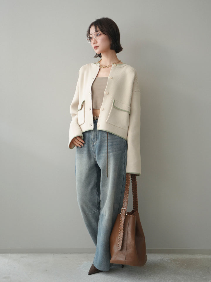 [SET]ポリエステル配色ニットカーディガン+裏起毛カットオフカーブデニムパンツ(2set)