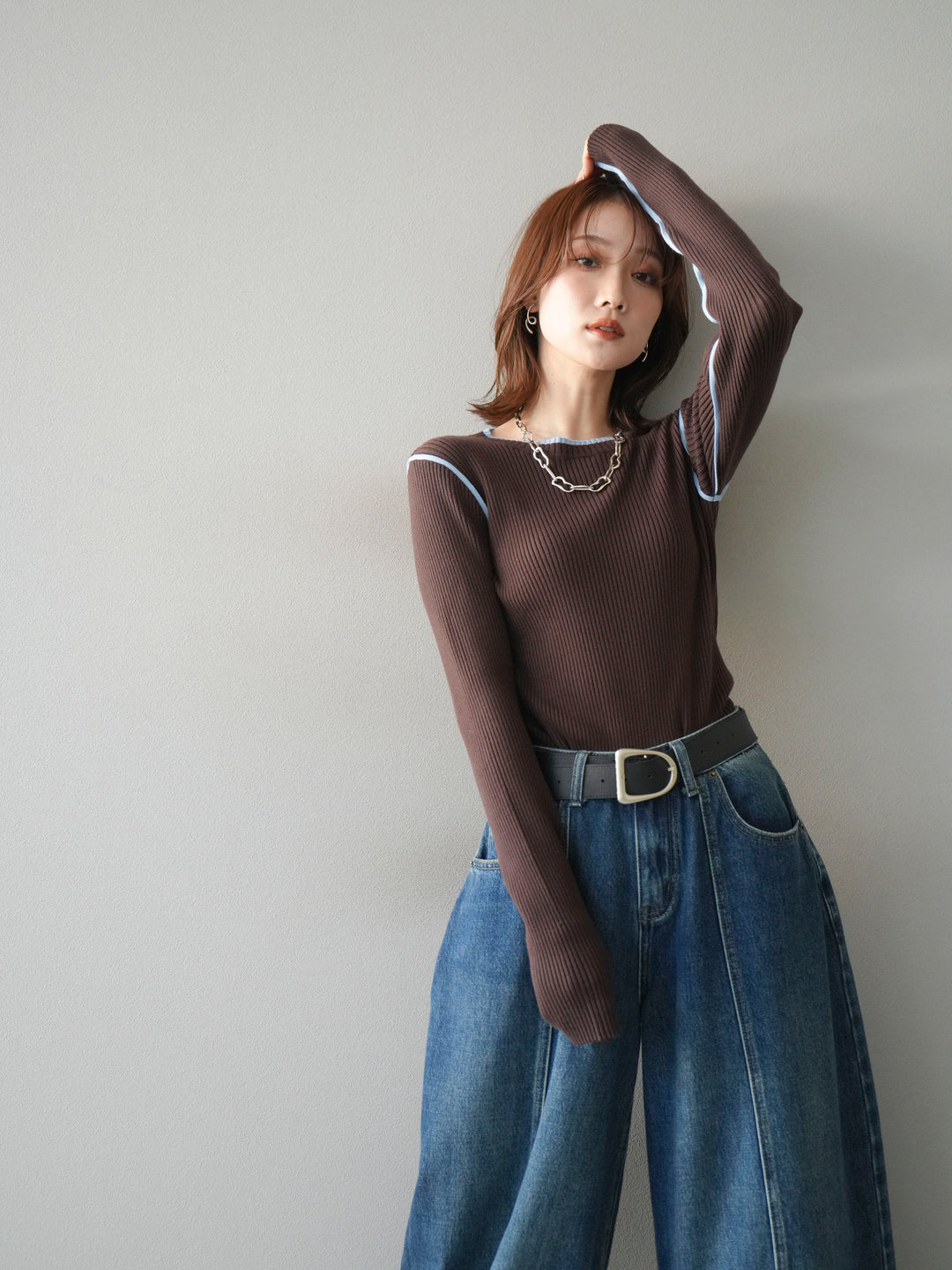 [予約]バイカラークルーネックリブニットトップス/brown