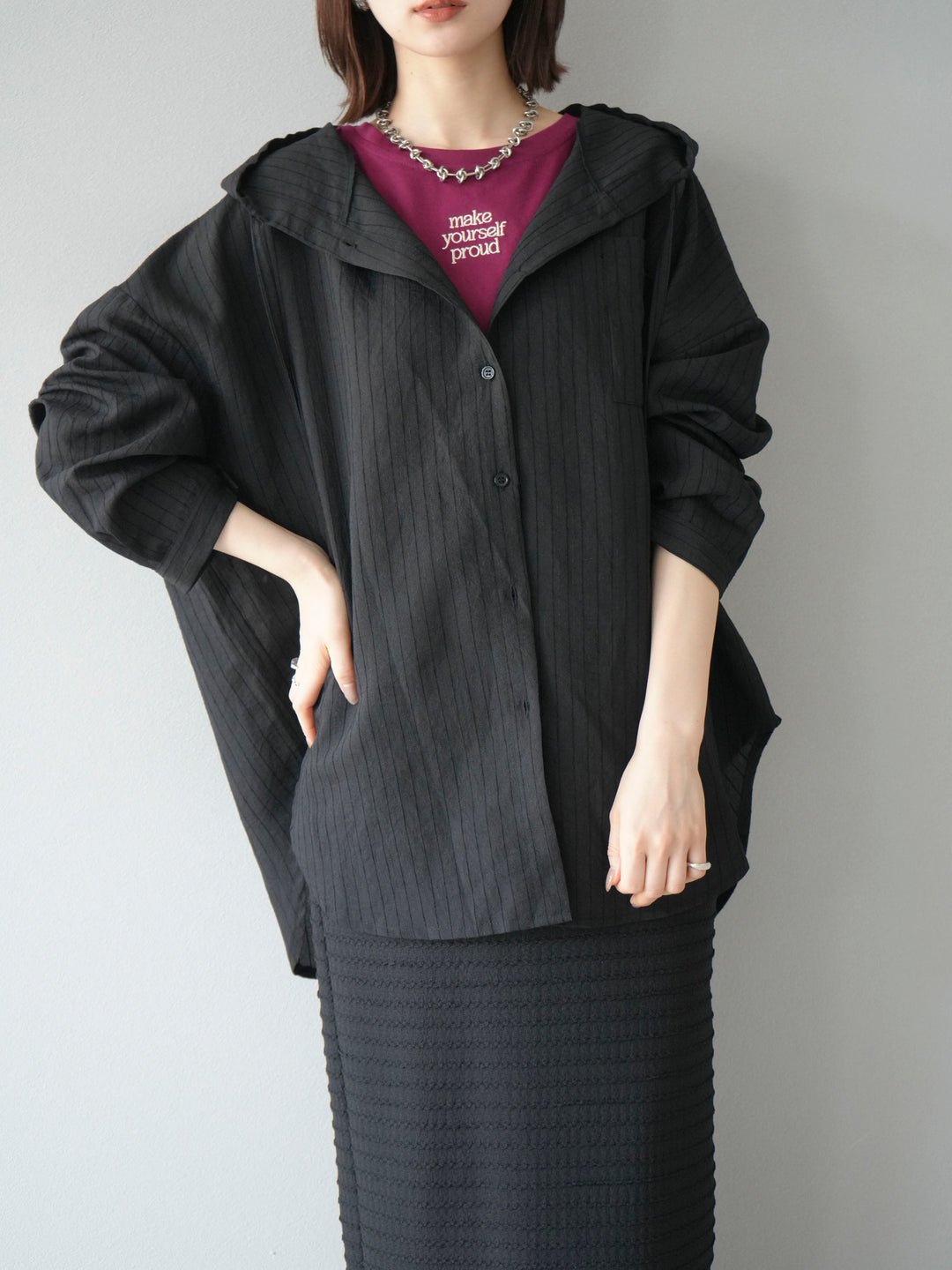 [予約]ワッシャーストライプフーディーシャツ/ブラック