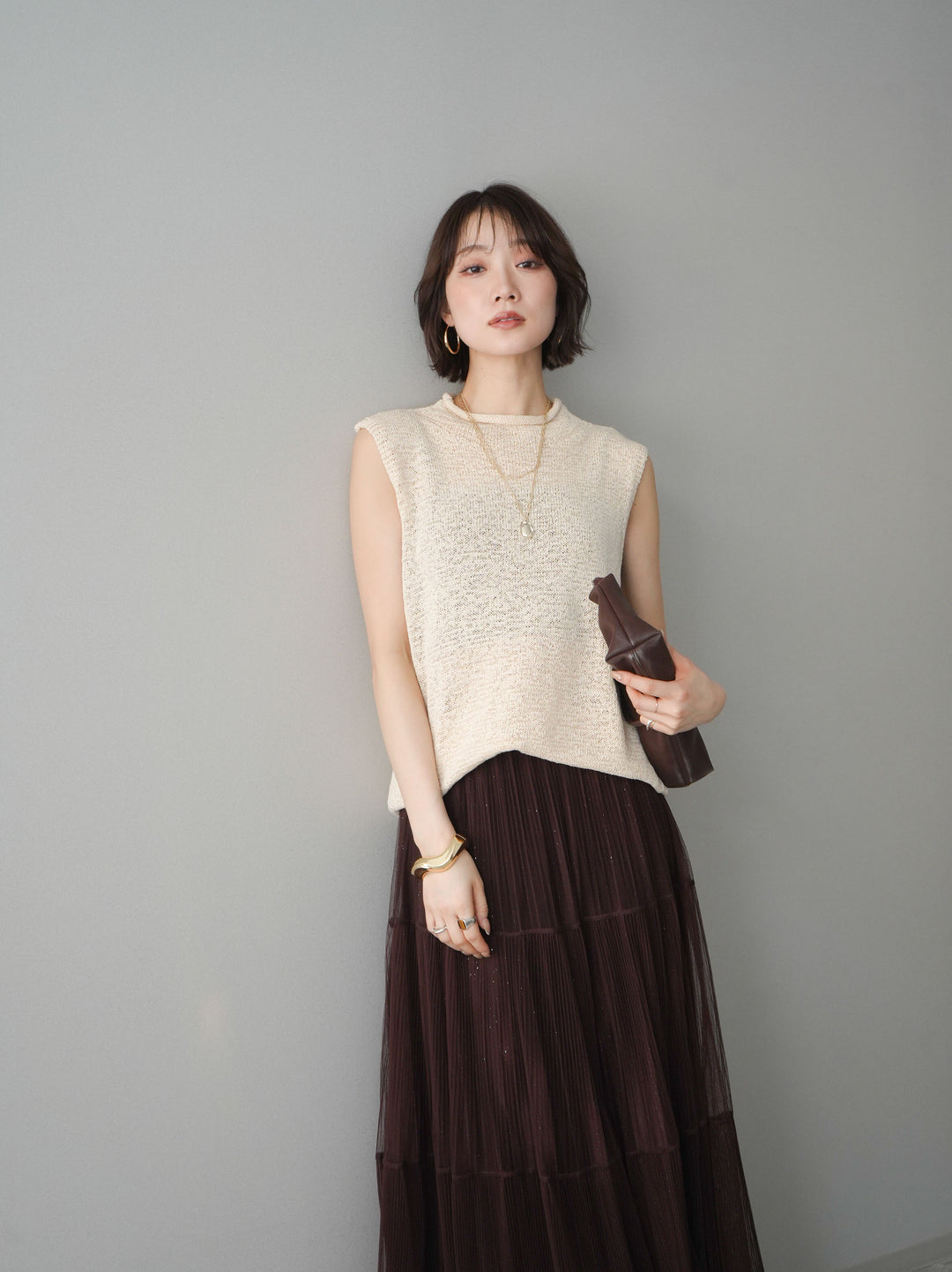 [予約]ノースリーブリネンタッチシアーニットプルオーバー/beige