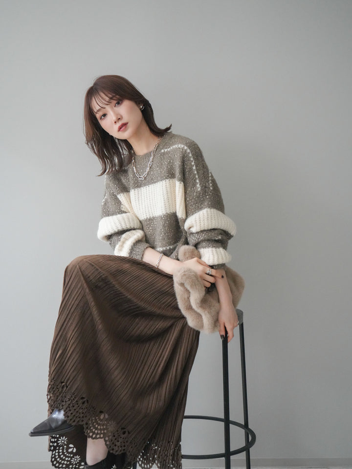 [予約]ネップヤーンボーダーニットプルオーバー/mocha