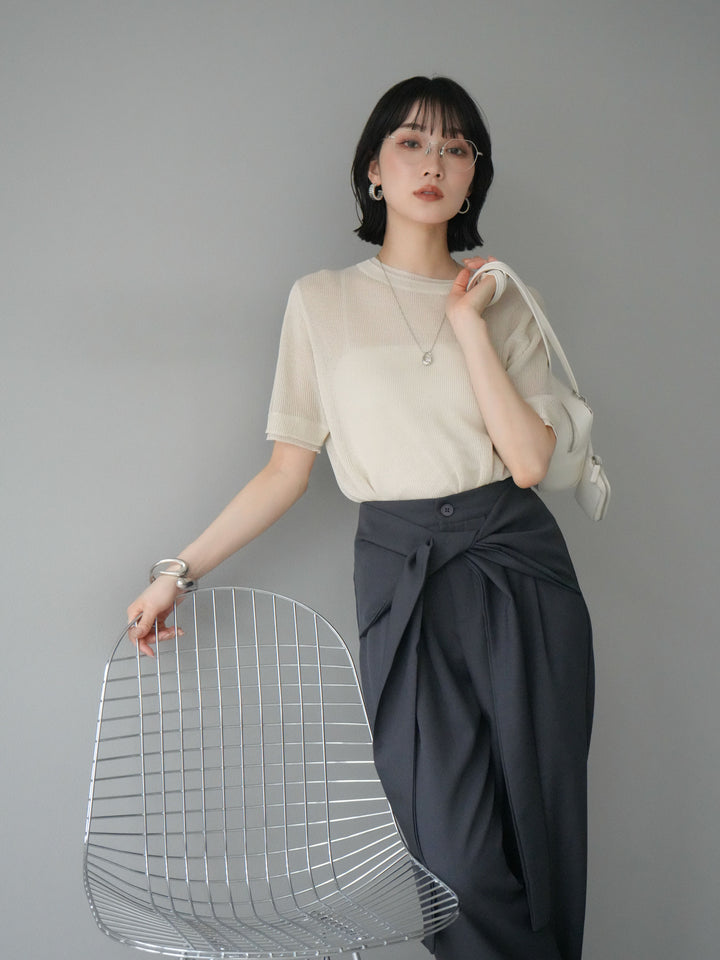 [SET]リネンタッチ配色二重臼ハーフニットトップス+ウエスト巻きデザインワイドパンツ(2set)