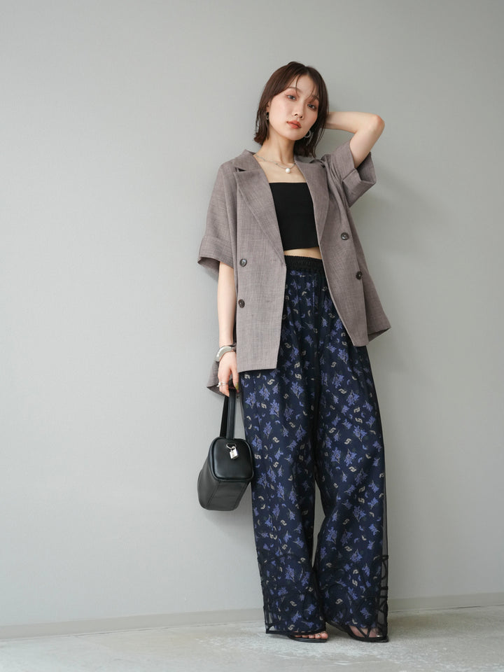 [SET]コード刺繍チュールレイヤードパンツ+ブーケプリントタックパンツ(2set)