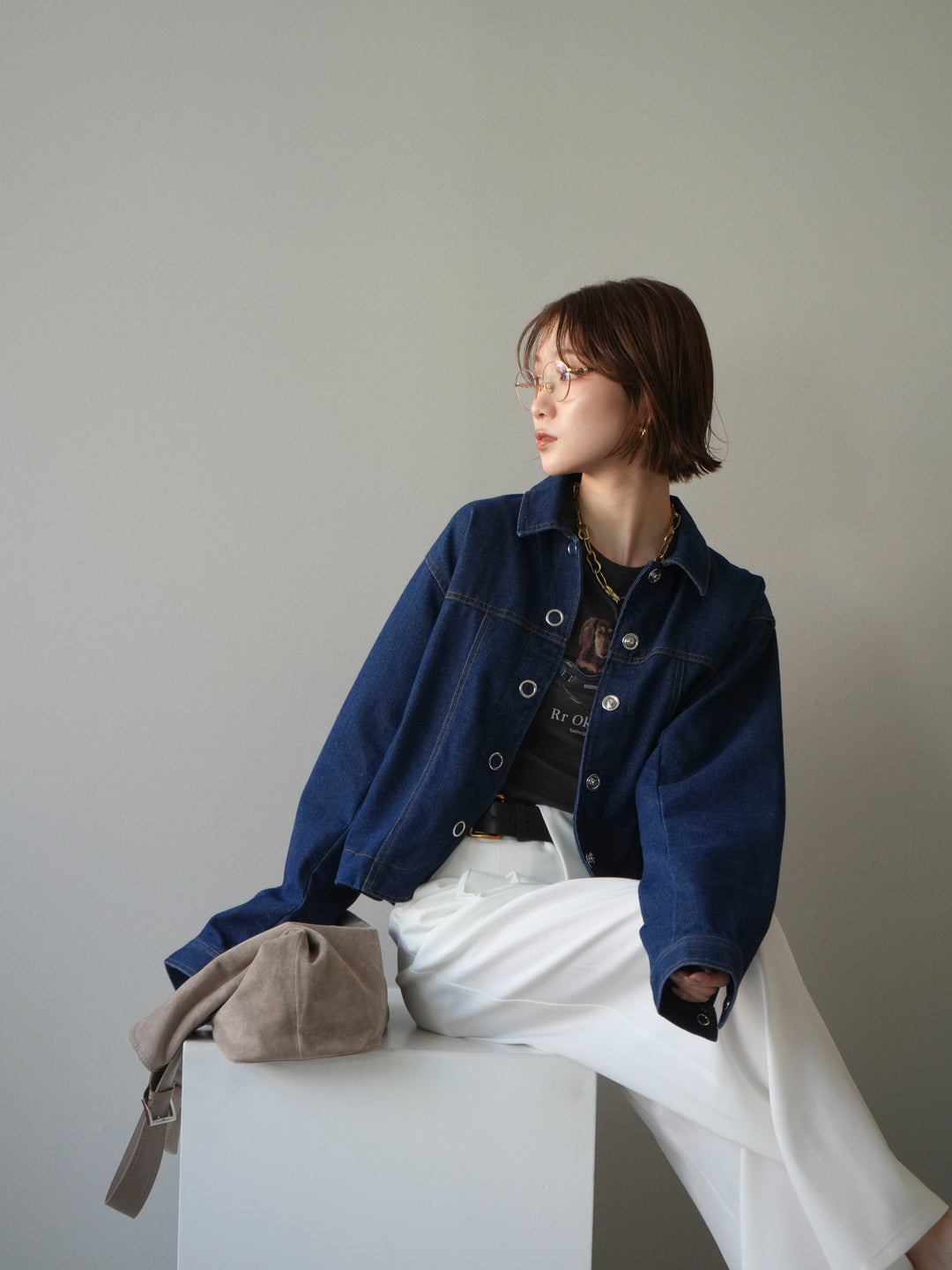 [SET]ラウンドカットコンパクトデニムジャケット+ドッグコンパクトTEE(2set)