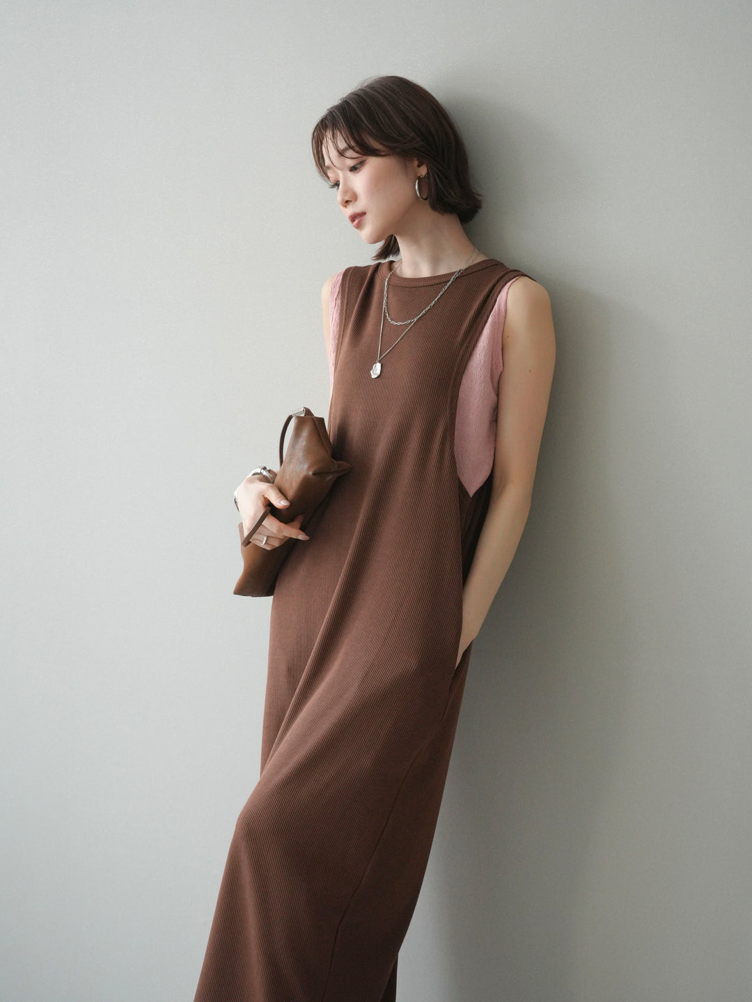 [予約]バイカラーレイヤードノースリーブワンピース/brown