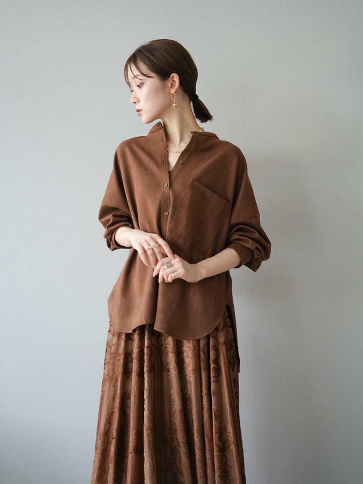[SET]スエードバンドカラーオーバーシャツ+アンティーク柄フロッキーマキシスカート(2set)
