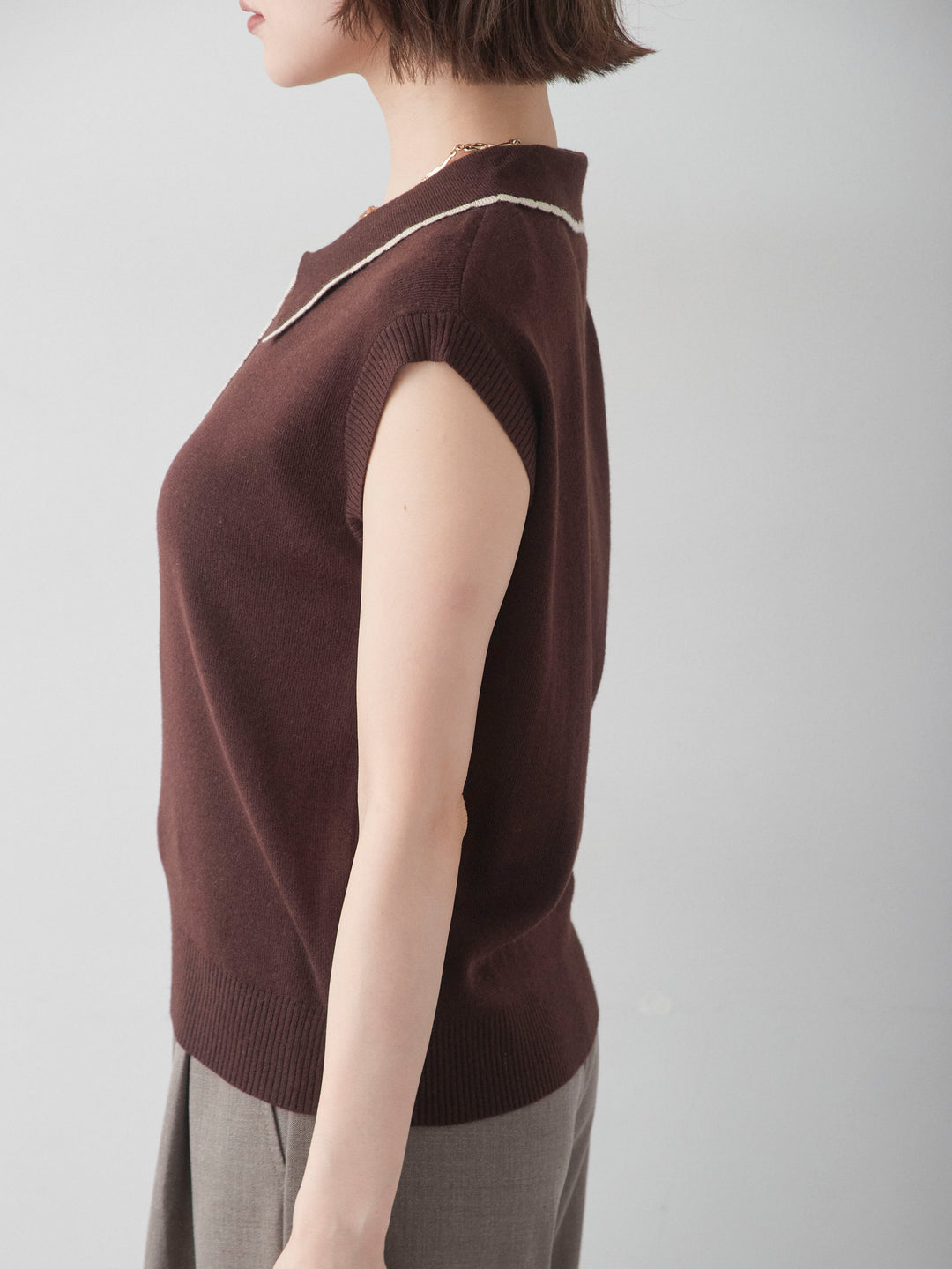 [予約]バイカラーハーフジップポロニットトップス/brown