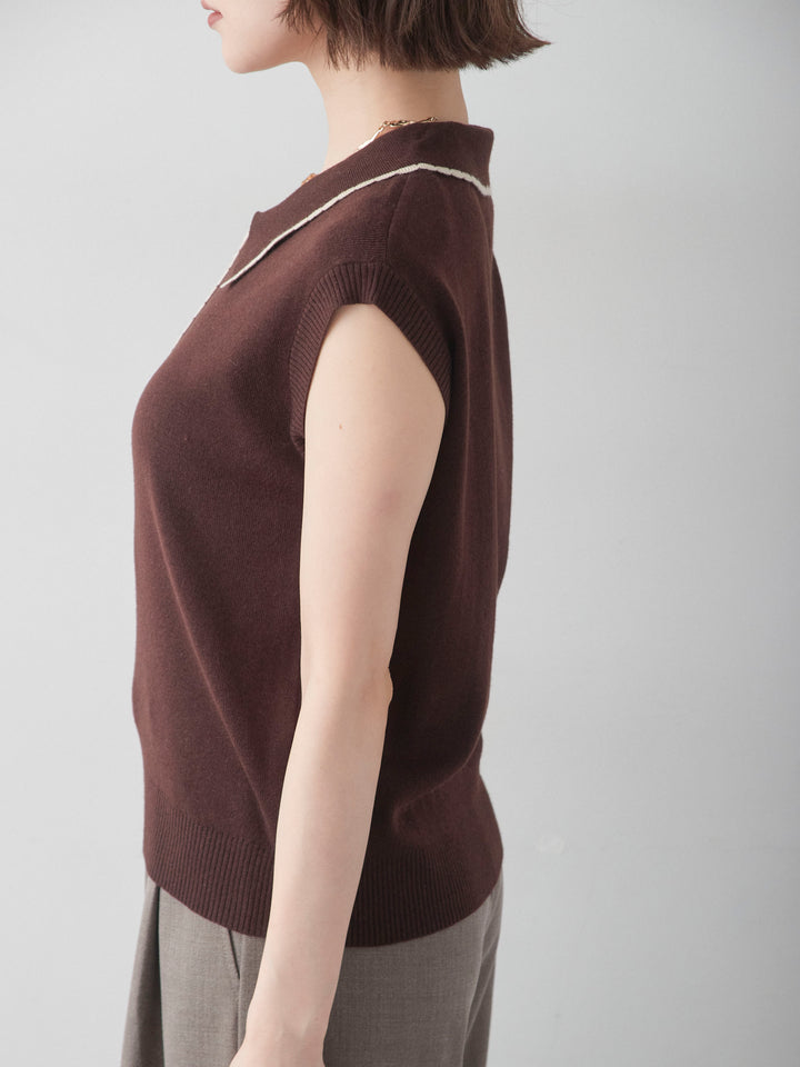 [予約]バイカラーハーフジップポロニットトップス/brown