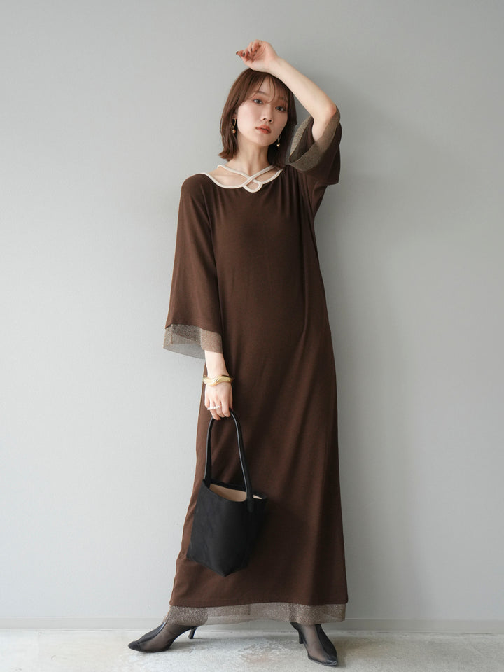 [予約]デザインネックラメシアー切替ニットワンピース/ブラウン