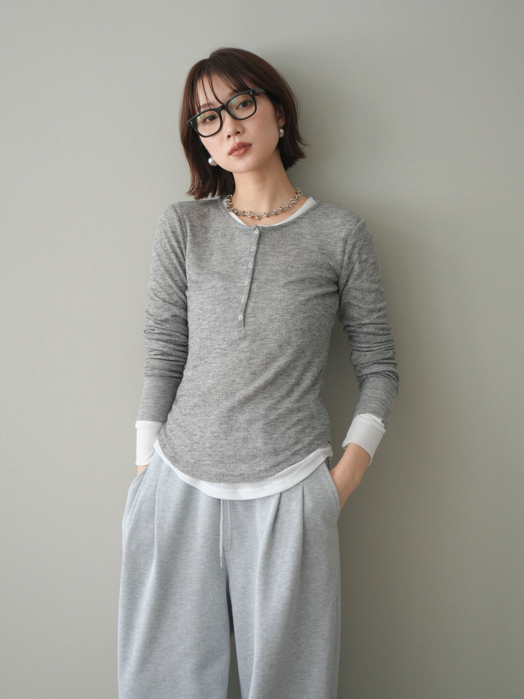 [予約]シアーリブヘンリーネックロンT/gray