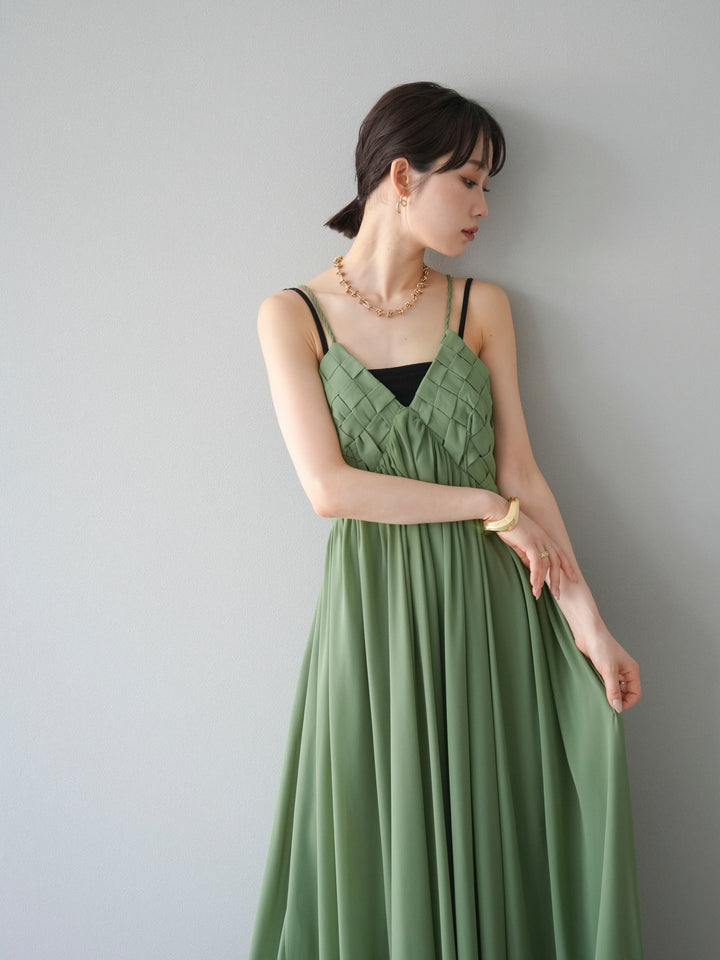 [SET]編み込みデザインシフォンワンピース+カップ付テレコリブベアキャミソール(2set)