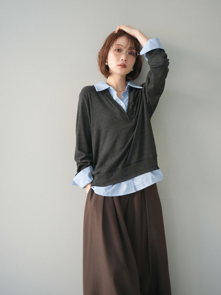 [予約]シャツレイヤードデザインカットプルオーバー/charcoal