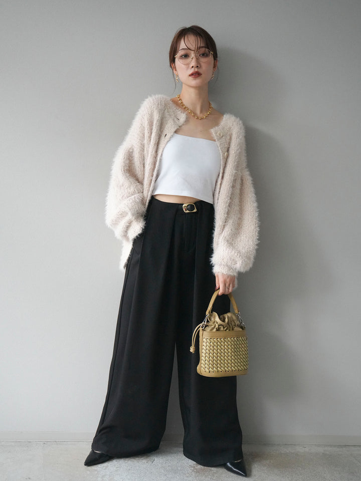 [SET]クルーネックランダムシャギーカーディガン+ベルトループデザインワイドパンツ(2set)