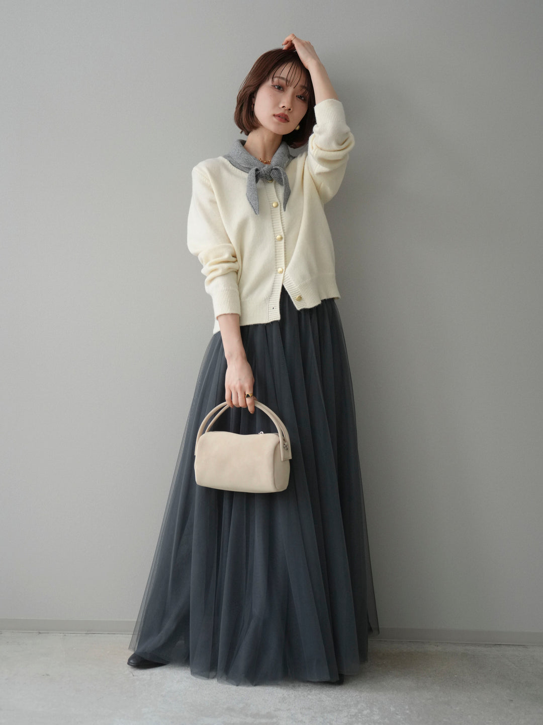 [SET]デザイン襟ニットカーディガン+チュールボリュームスカート(2set)
