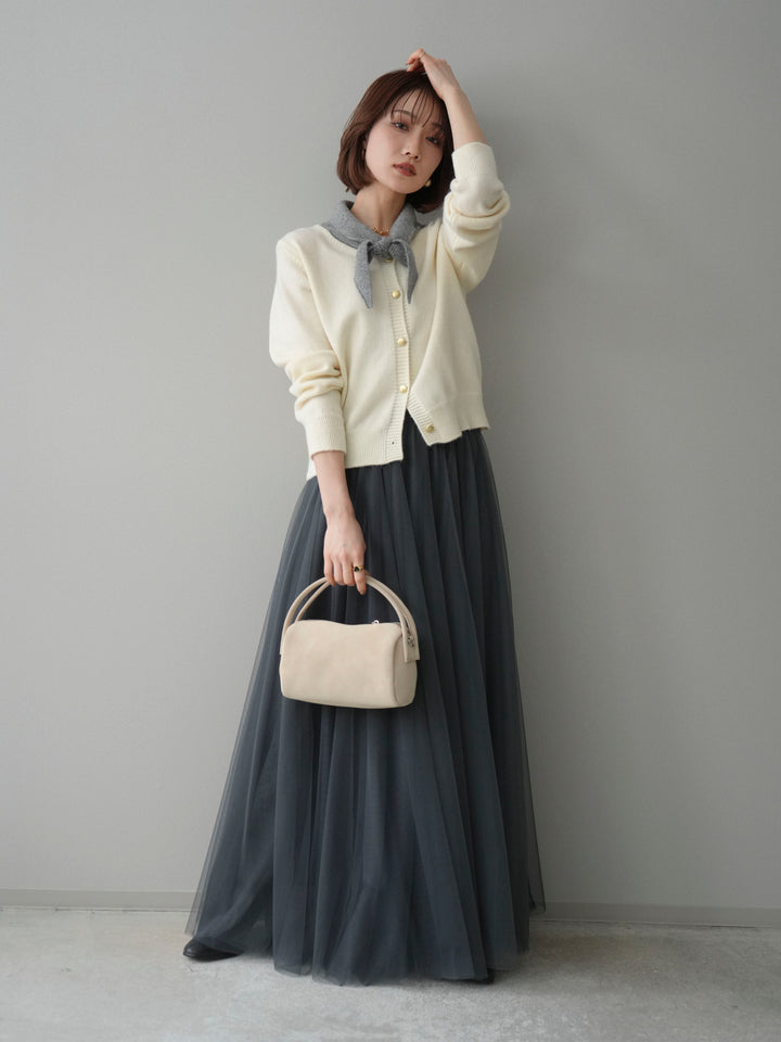 [SET]デザイン襟ニットカーディガン+チュールボリュームスカート(2set)