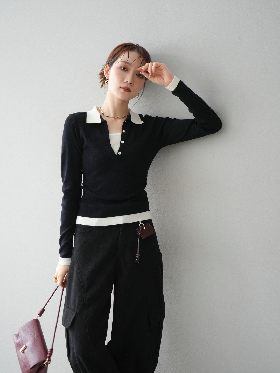 [予約]レイヤード配色ポロニットトップス/black