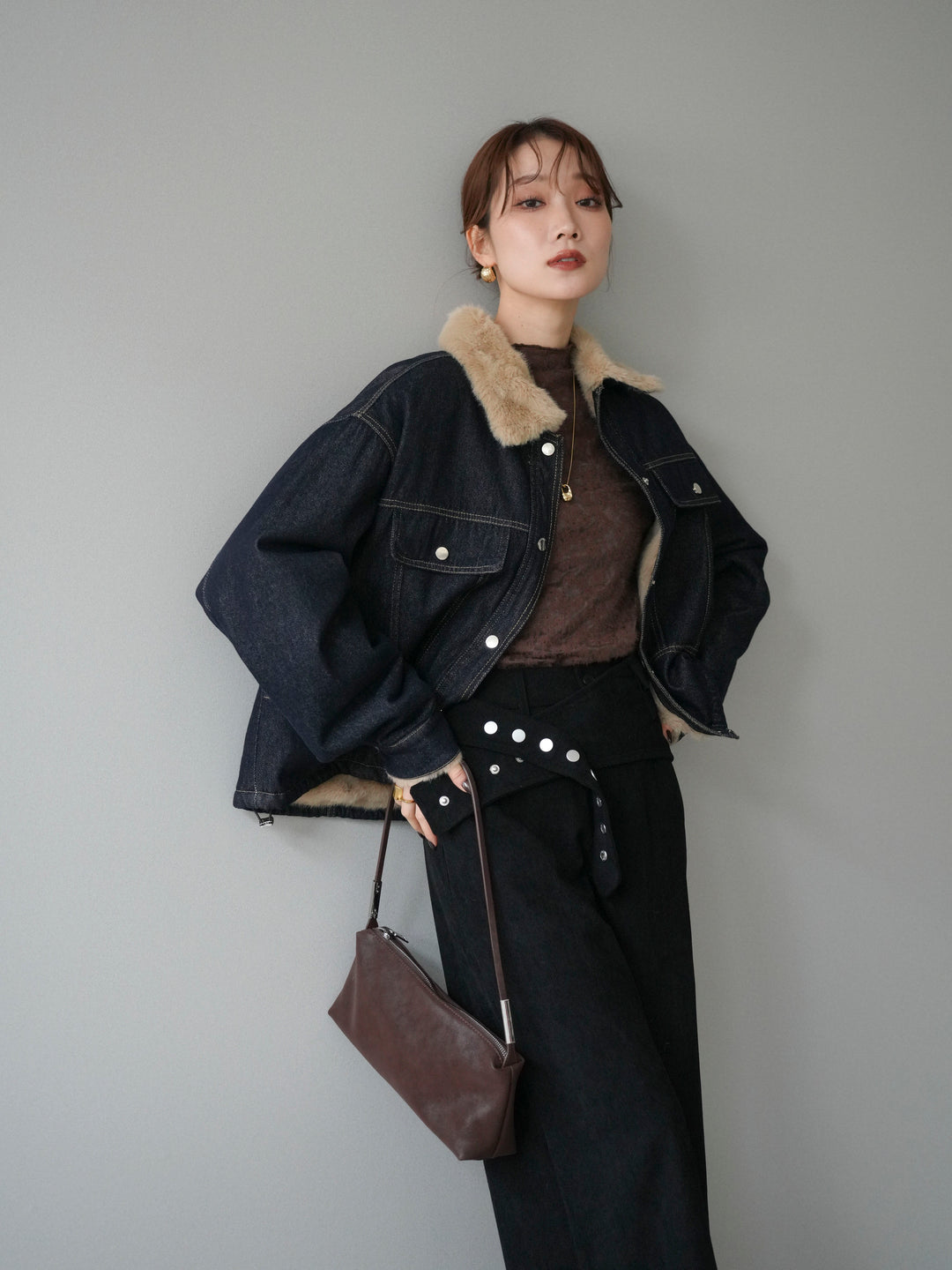 [予約]デニム×ファーステンカラーショートジャケット/indigo