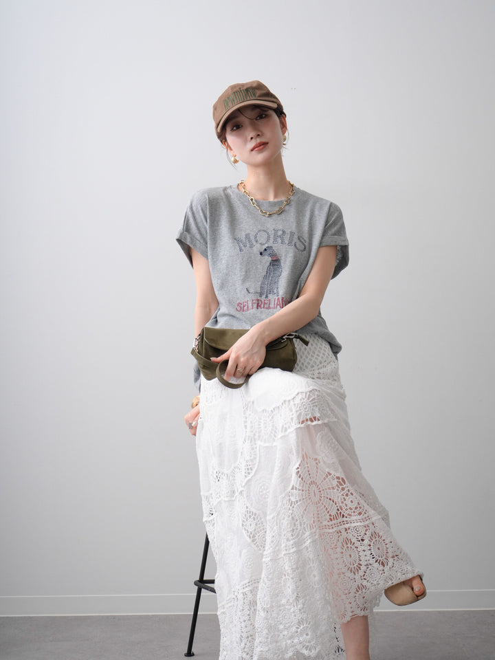 [SET]ドッグエンブロイダリーTEE+クロシェマキシスカート(2set)