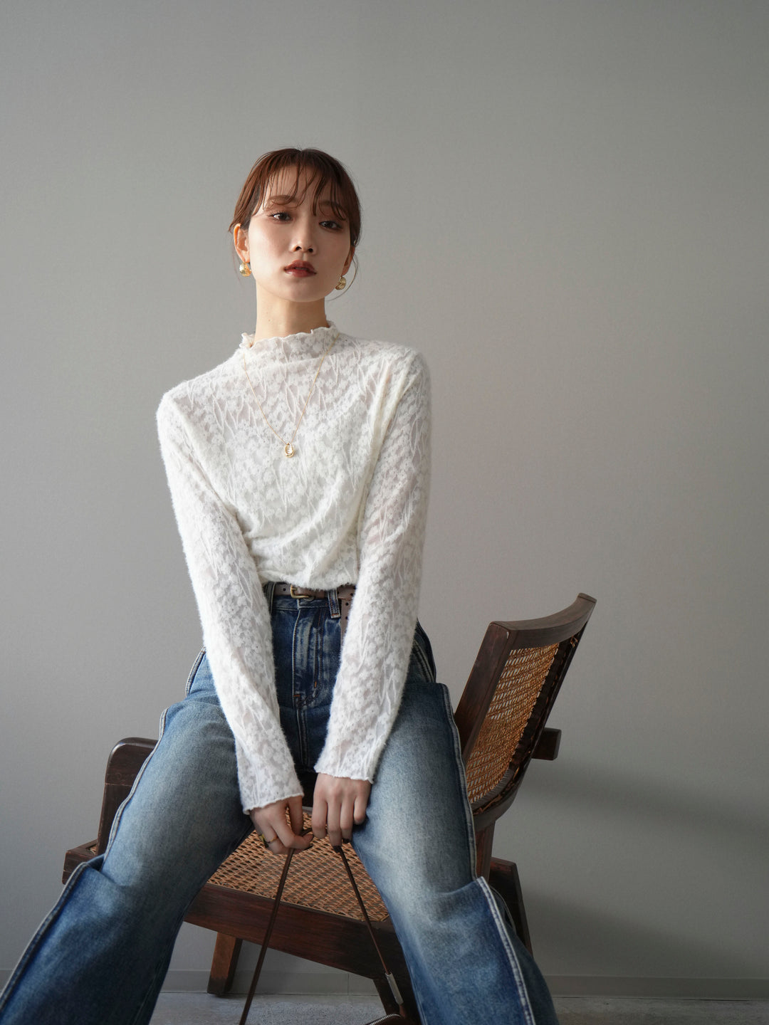 [予約]起毛レースプチネックトップス/white