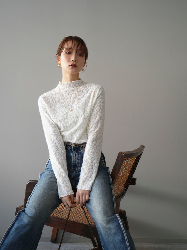 [予約]起毛レースプチネックトップス/white