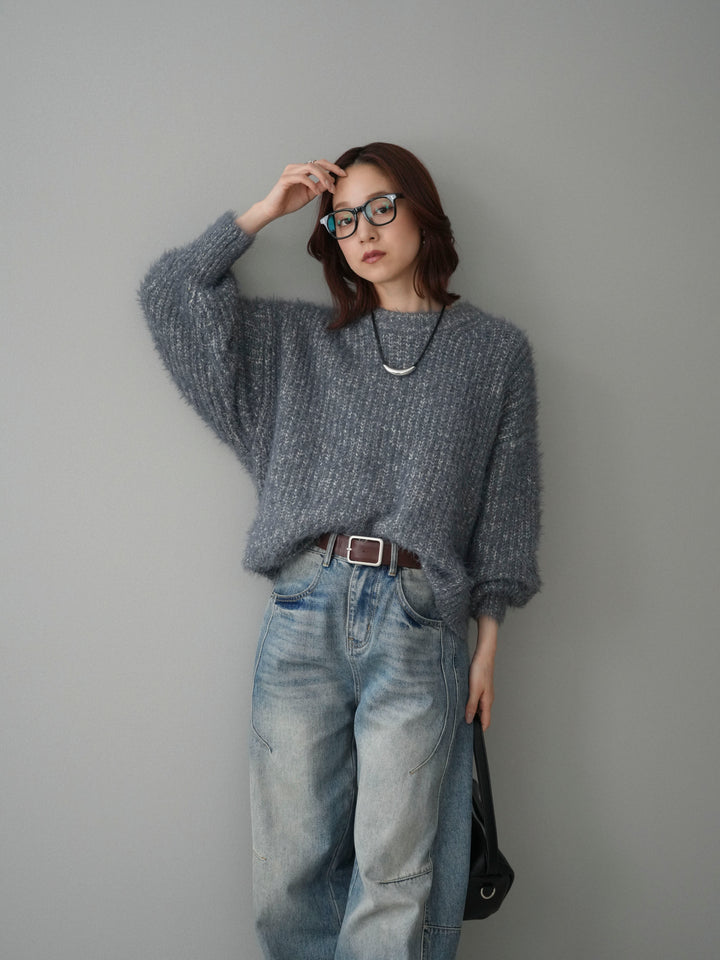 [SET]ボリュームスリーブシャギー MIXニットプルオーバー+ベルト付カーブデニムパンツ(2set)