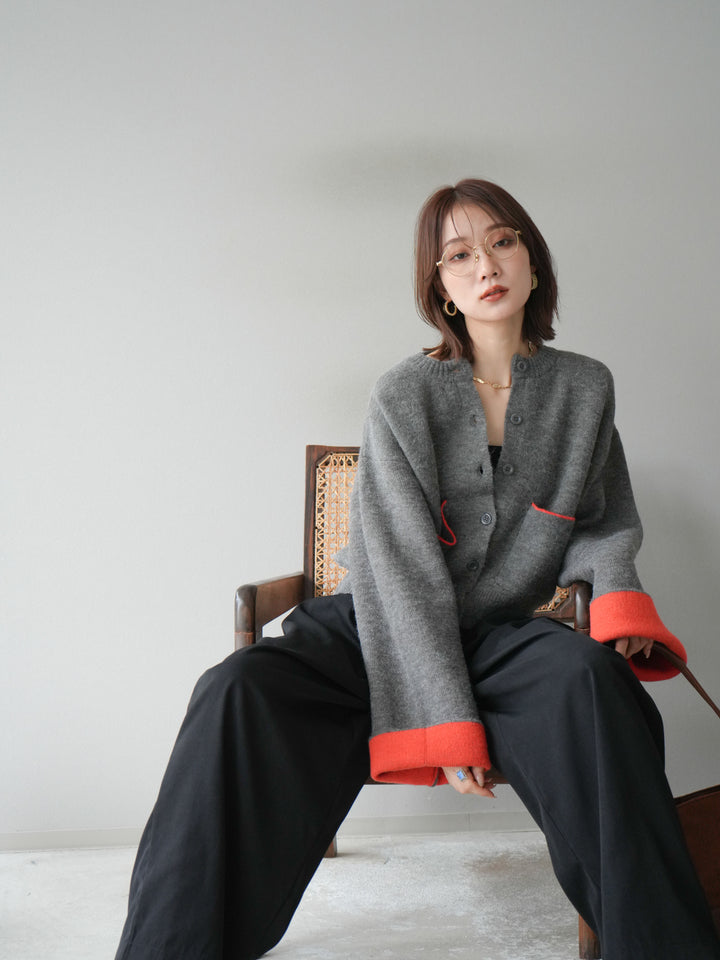 【SET】雙色針織開襟衫+褶襉設計寬褲（2套）