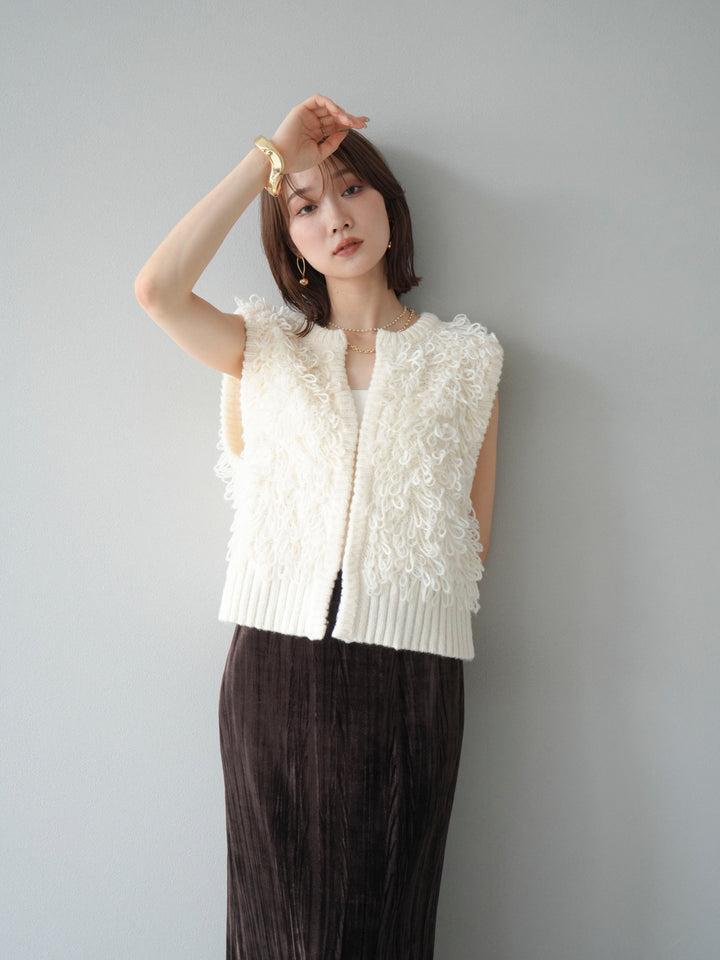 [SET]レザー襟オンブレチェックオーバーシャツ +ループデザインホックベスト +クラッシュベロアナロースカート(3set)