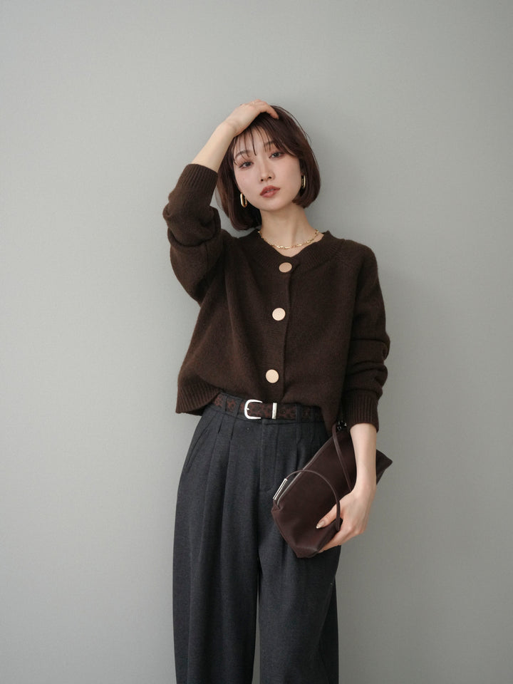 [SET]BIGボタンニットカーディガン+アニマル柄ベルト付きウールタッチワイドパンツ(2set)
