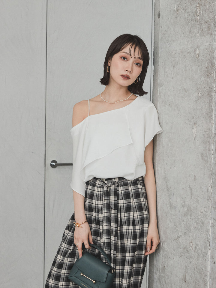 [SET]ワンショルラッフルブラウス+チェック柄ワイドパンツ(2set)