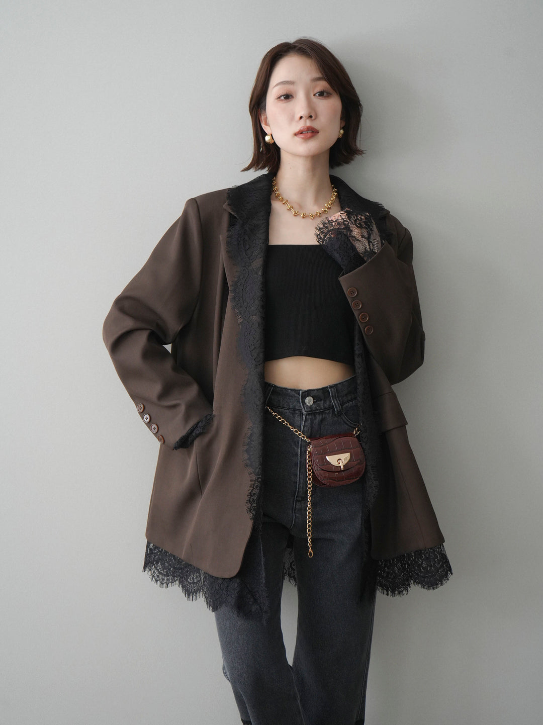 [予約]レースドッキングオーバージャケット/brown