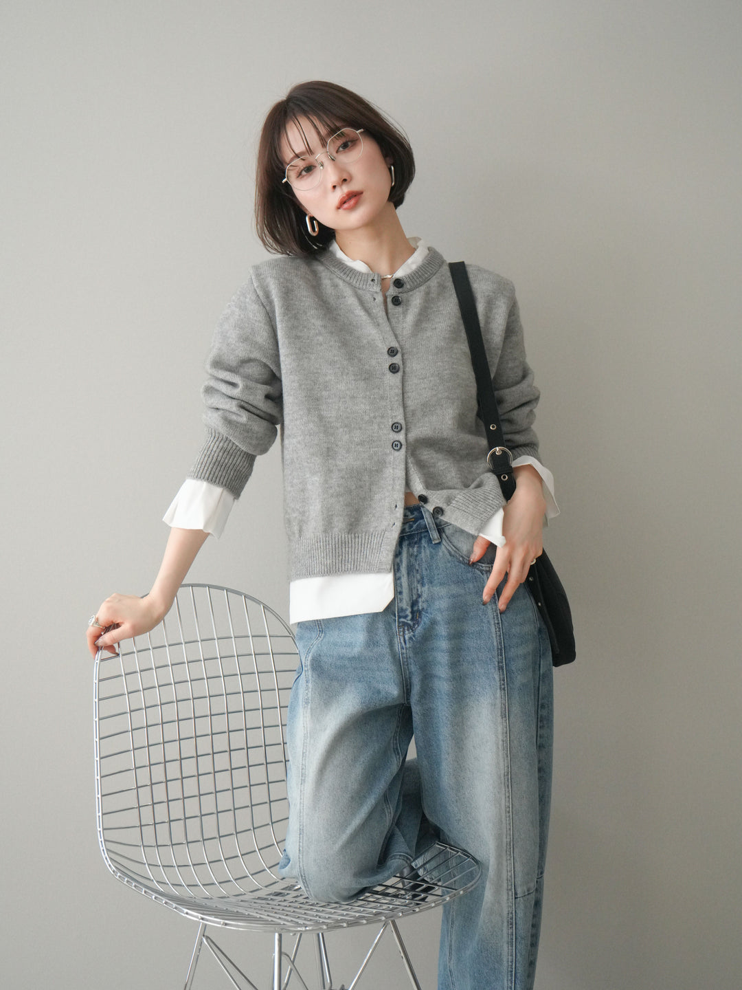 [SET]布帛ドッキングニットカーディガン+ガーメントウォッシュカーブデニムパンツ(2set)