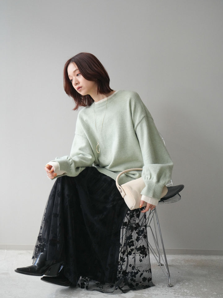 [SET]ヘンリーネック配色レイヤードニットプルオーバー+フラワーフロッキーチュールプリーツスカート(2set)