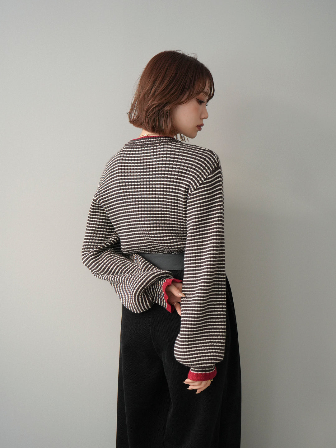 [予約]ラメ異素材ボーダーリブニットプルオーバー/brown×red