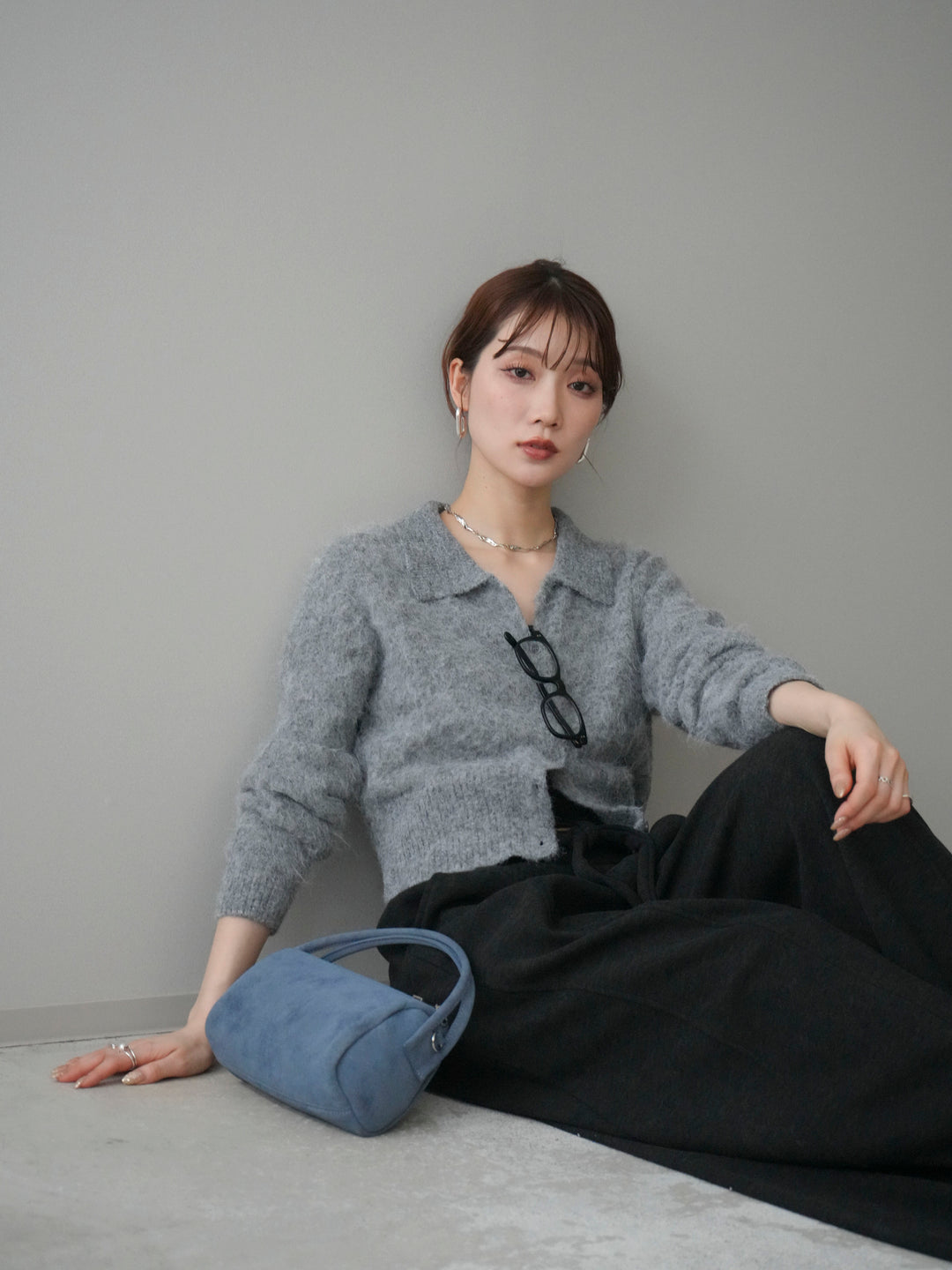 [予約]モヘア衿付きボタンプルオーバー/charcoal