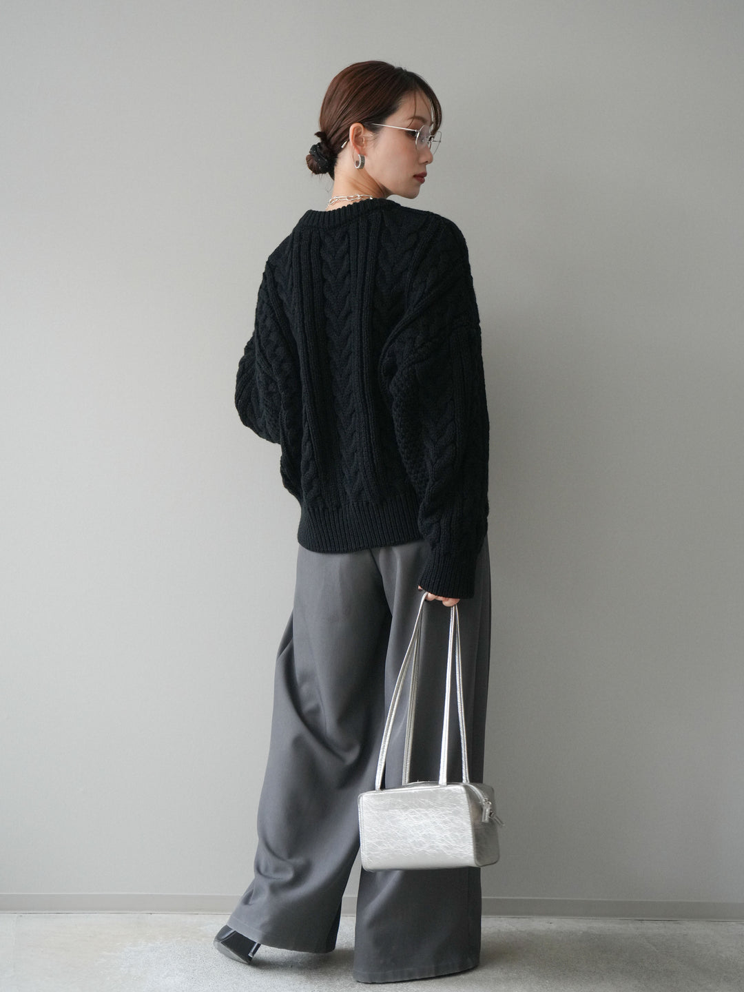 [SET]ボリュームケーブルニットプルオーバー+ベルトループデザインワイドパンツ(2set)