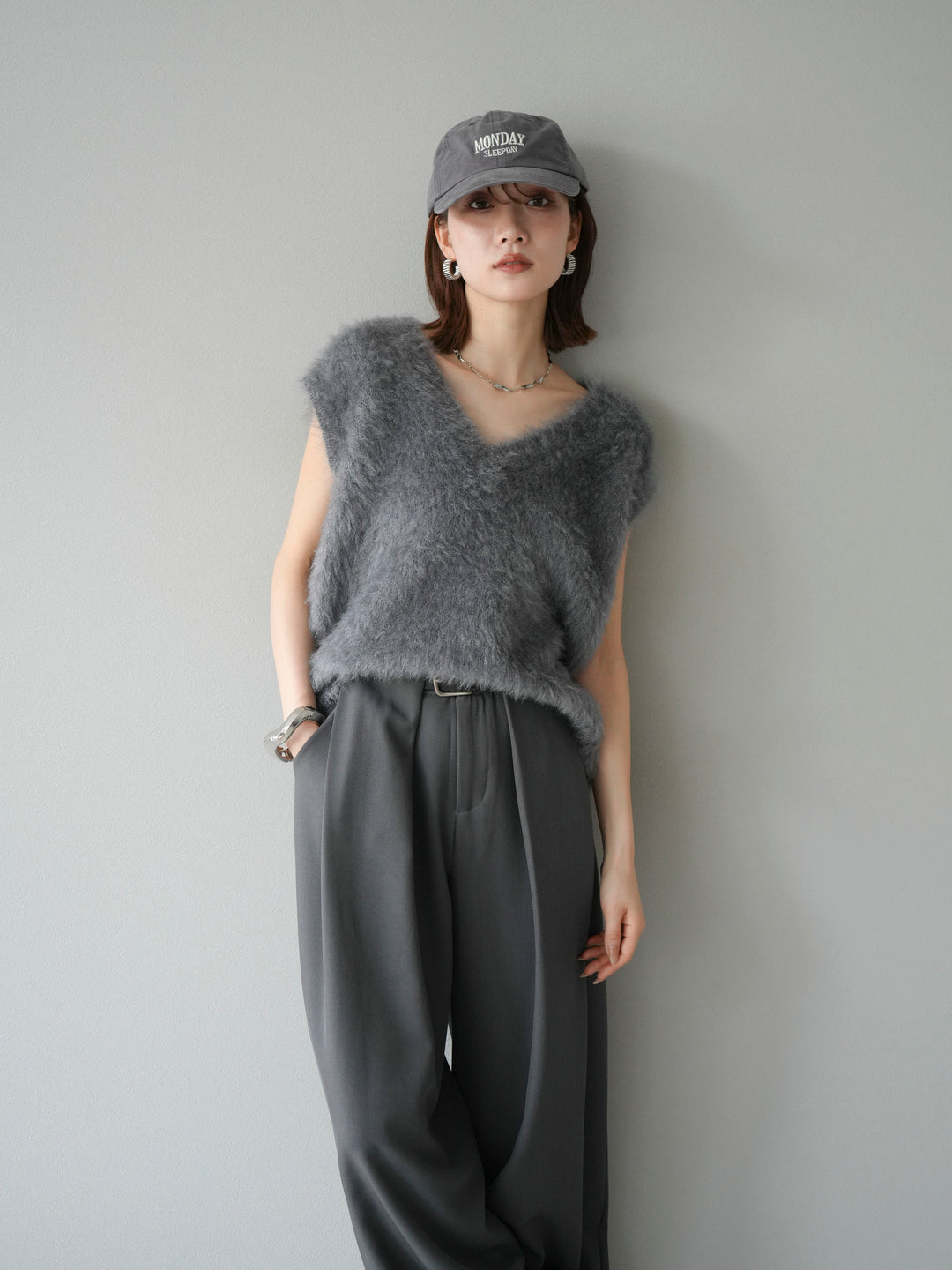 [SET]ラメシャギーVネックニットベスト+ベルトループデザインワイドパンツ(2set)