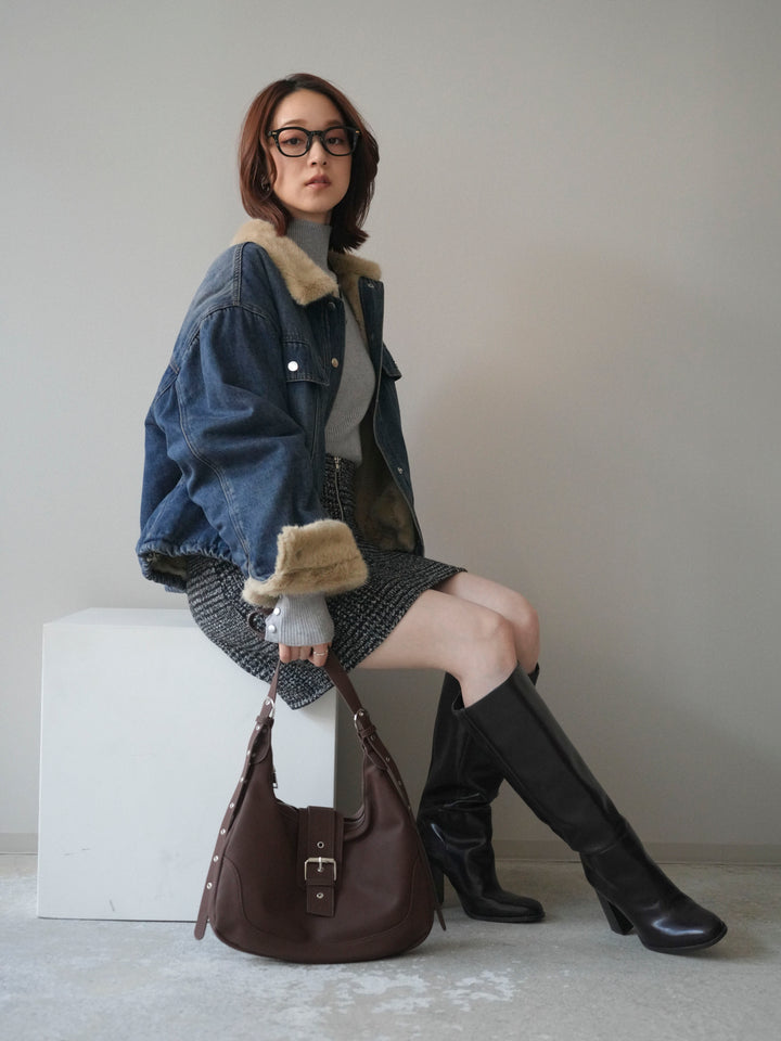 [予約]デニム×ファーステンカラーショートジャケット/blue