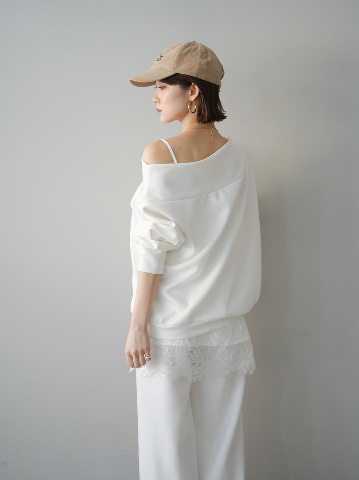 [SET]アシンメトリーオフショルポンチプルオーバー+レーストリムキャミソール+イージーポンチワイドパンツ(3set)