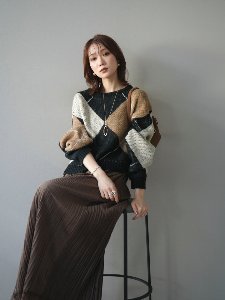 [SET]配色ステッチアーガイル柄ニットプルオーバー+配色ステッチアーガイル柄ニットプルオーバー(2set)