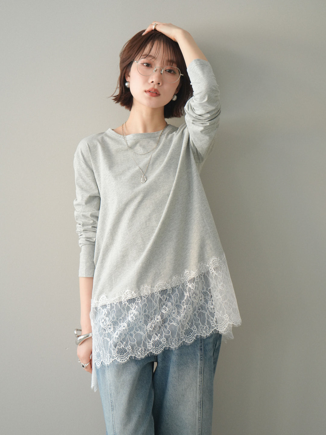 [SET]裾レースロングスリーブTシャツ+選べるアクセセット(2set)