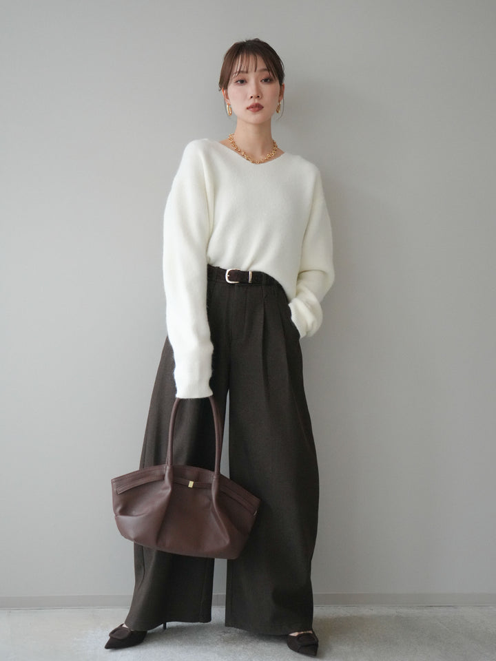 [SET]シュシュ付きアンゴラタッチVネックニットプルオーバー+アニマル柄ベルト付きウールタッチワイドパンツ(2set)