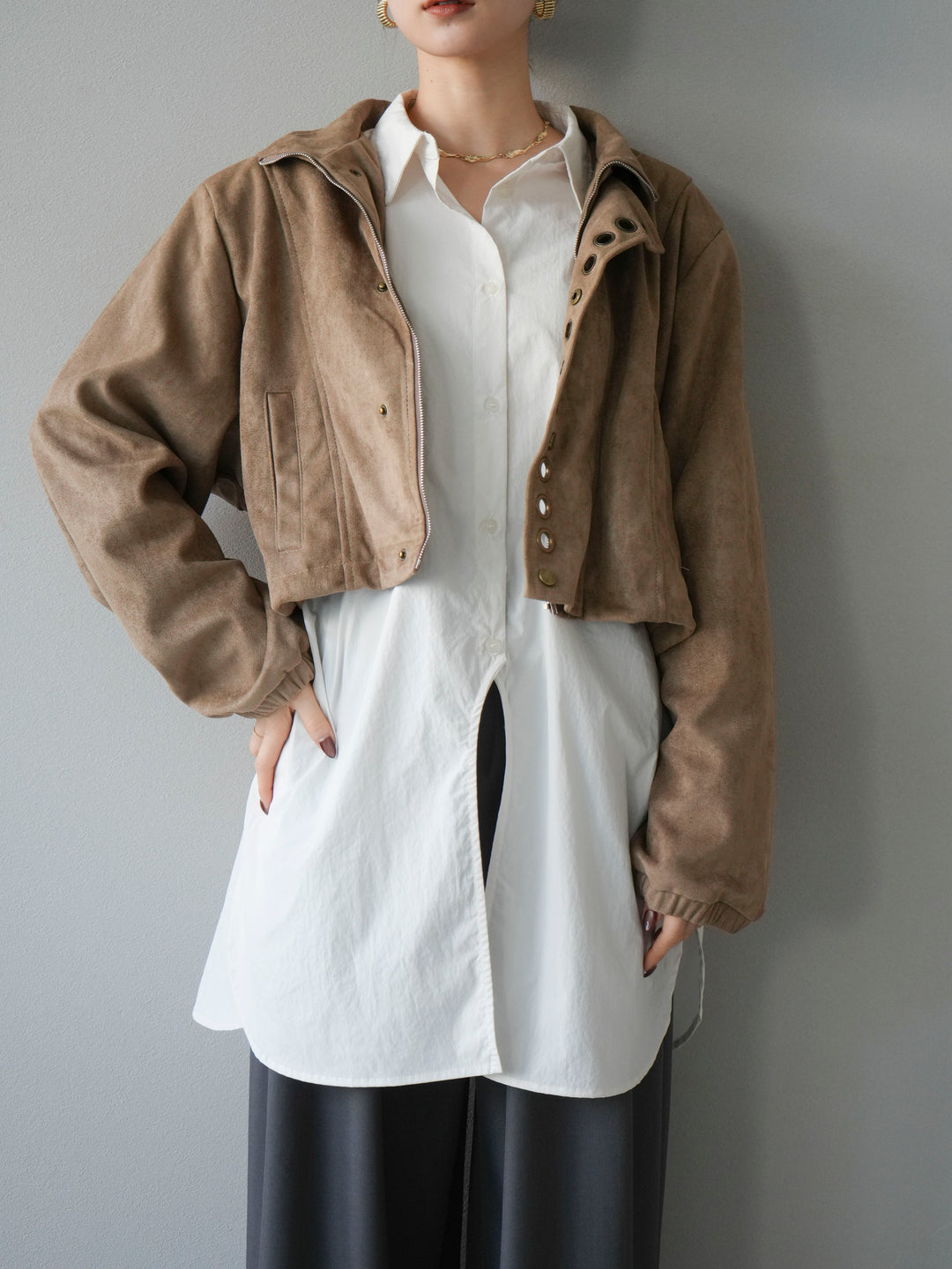 [予約]パンチングデザインスエードショートジャケット/ベージュ