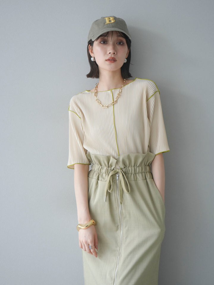 【SET】配色褶皺半袖上衣 + 配色褶皺半袖上衣 (2 件套)