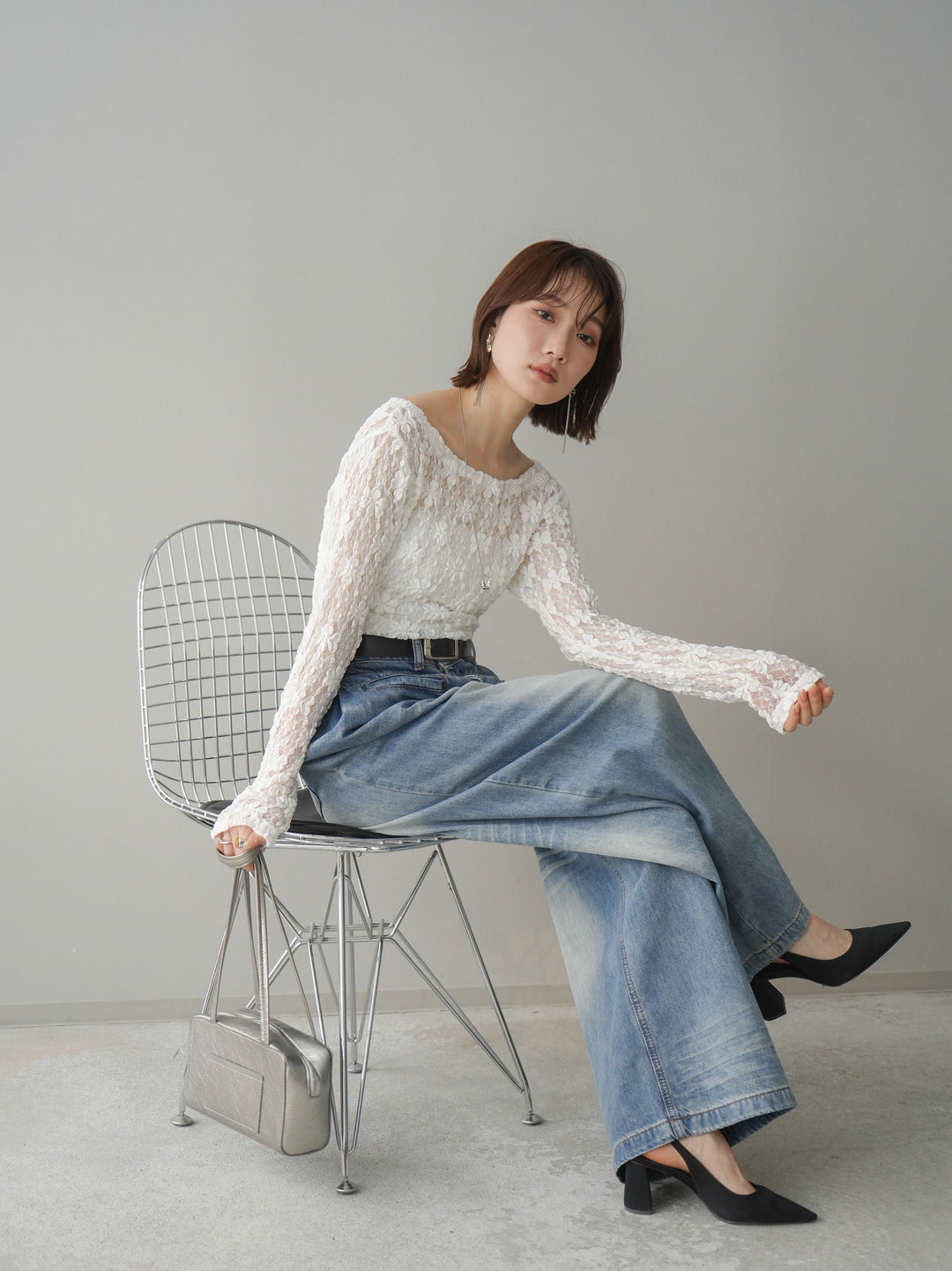 [SET]サイドギャザーレーストップス+フロントポケットサイドタックワイドデニム(2set)