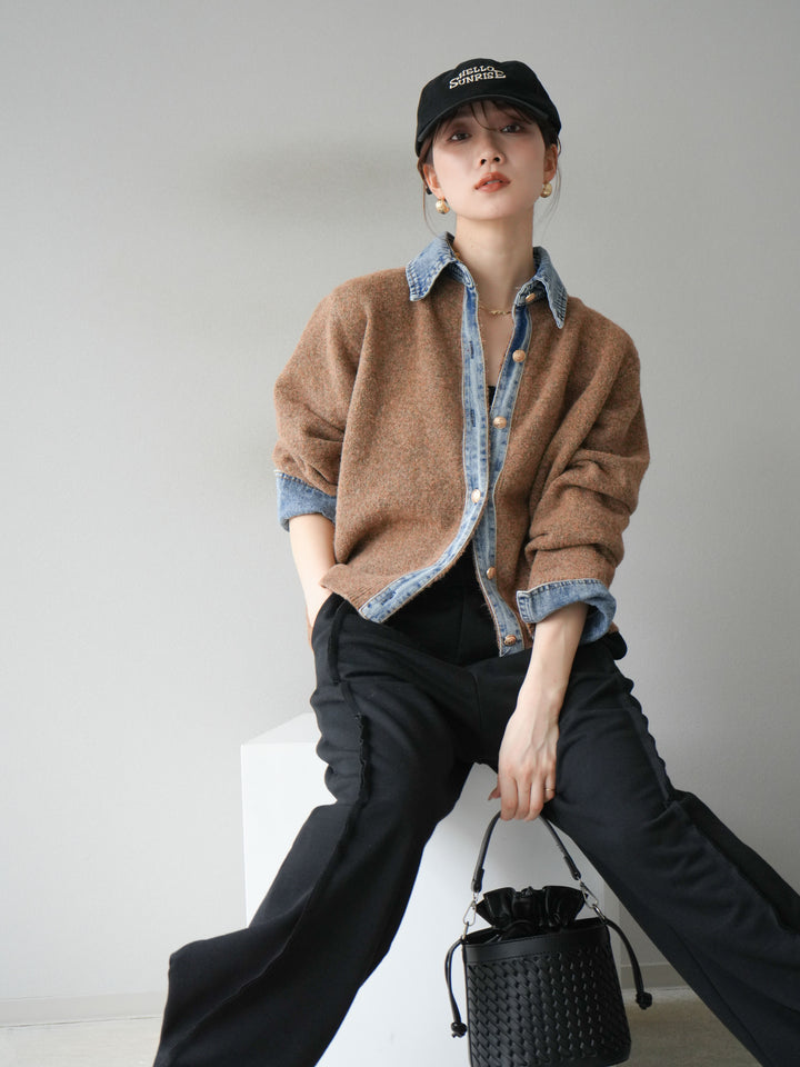 【着回しセット】[SET]デニム襟ボタンニットカーディガン+デニム襟ボタンニットカーディガン+2WAYデザインスウェットパンツ(3set)